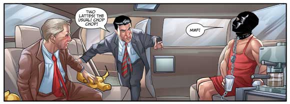 Archer & Armstrong One Percent #1 ordering latte from in-car Barista in a gimp mask