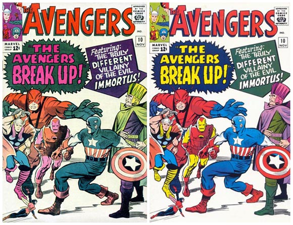 Avengers #10 Color Printing Error Variant Magenta Yellow switched Comparison