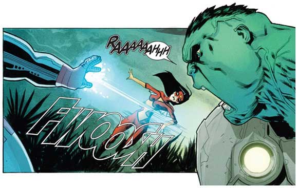 Captain Marvel #13: interior panel: Spider-Woman down
