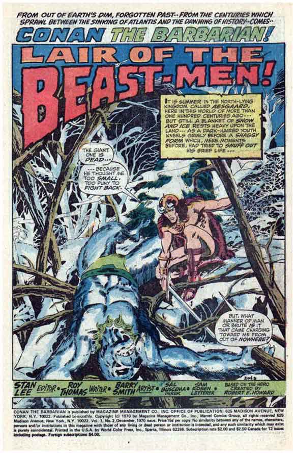 Conan The Barbarian #2 Splash Page from 1970