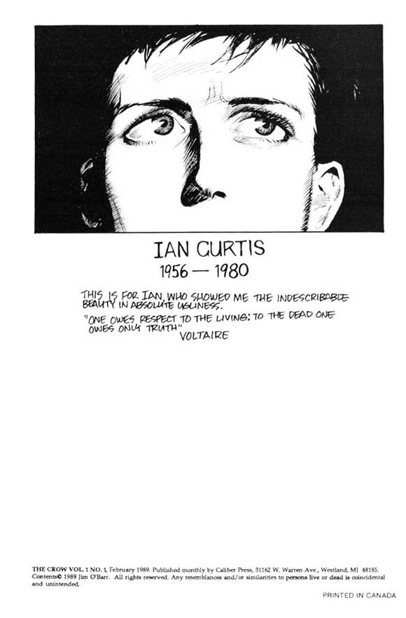 Crow #1 Indicia and Ian Curtis tribute