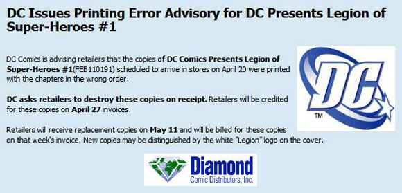 DC Presents: Legion of Super Heroes #1 recalled