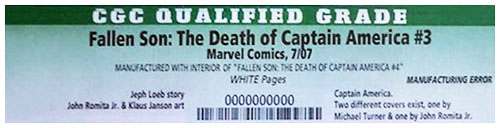 Fallen Son The Death Of Captain America 4 Error Edition CGC Label