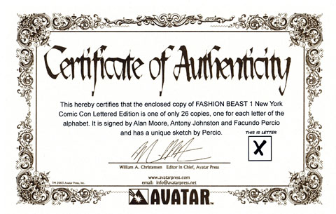 Fashion Beast #1 Lettered variant Certificate
