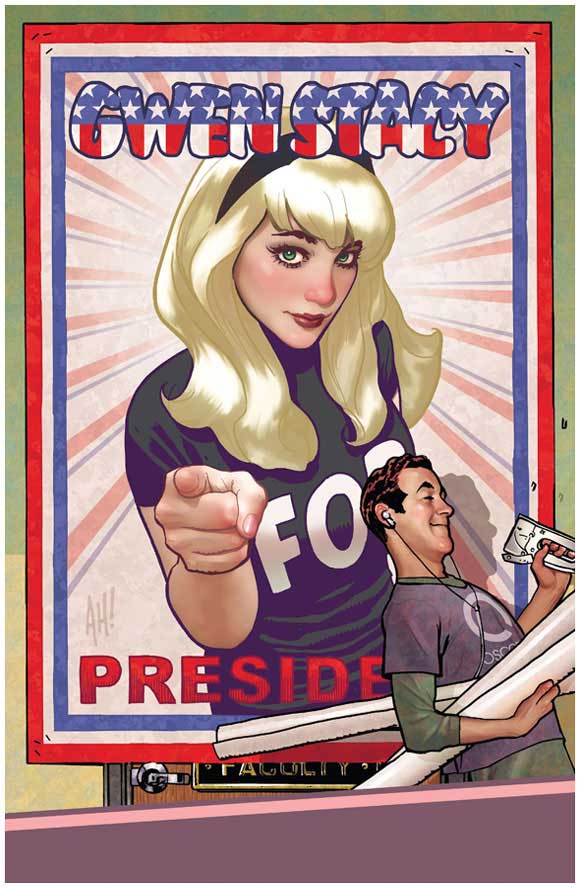 Gwen Stacy #1 interior sample: vote Gwen for president
