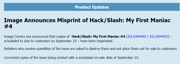 Hack / Slash My First Maniac #4 Diamond Recall Notice