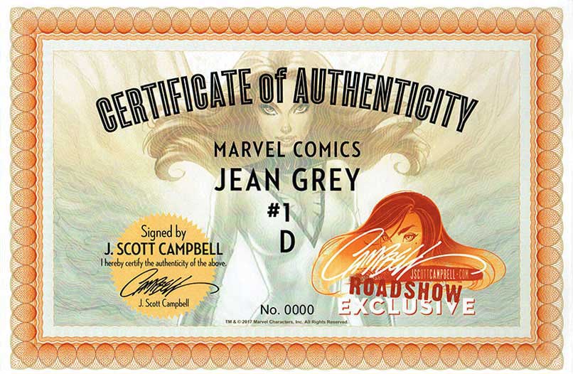Jean Grey #1 JScottCampbell.com Edition D certificate