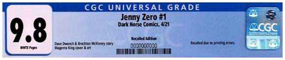 Jenny Zero #1 Jenny Zero #1 Recalled Edition CGC Label