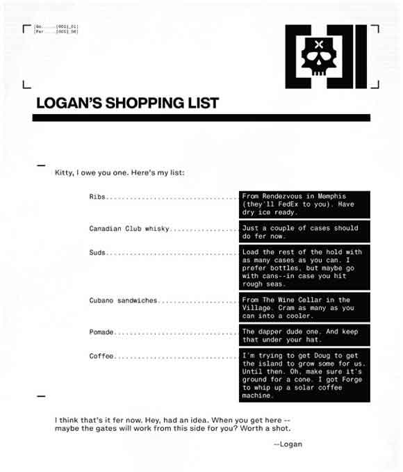 Marauders #1 Interior Sample Shopping List