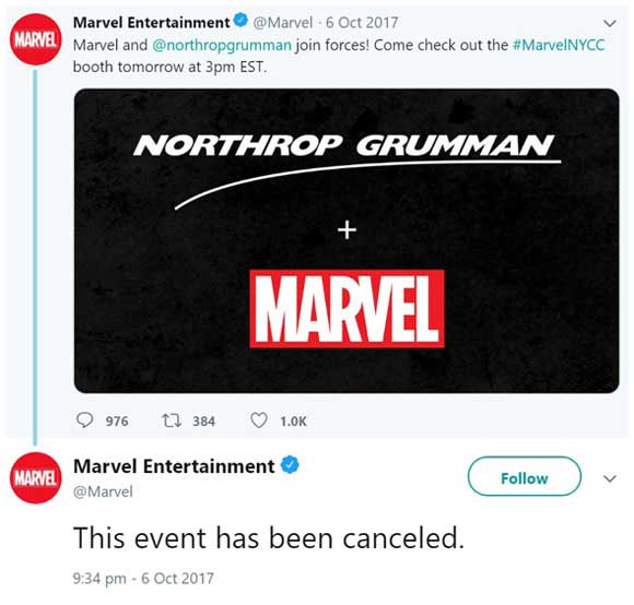 Marvel Northrop Grumman NYCC event tweet and cancellation 
