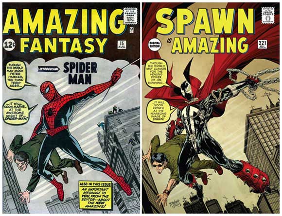 Amazing Fantasy #15 vs Spawn #221 cover comparison