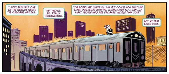 Spider-Gwen Ghost Spider #1 interior panel Gwen on a train