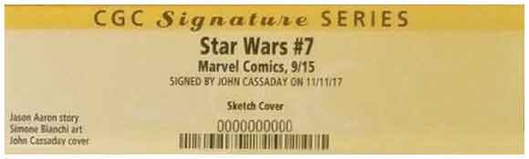 Star Wars #7 September 2015 Cassaday Sketch variant CGC label