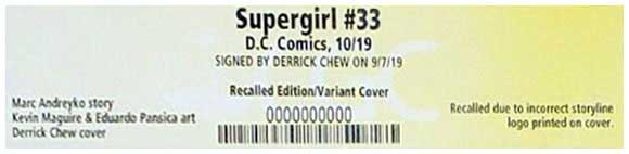 Supergirl #33 Recalled CGC Label (Derrick Chew card stock variant)
